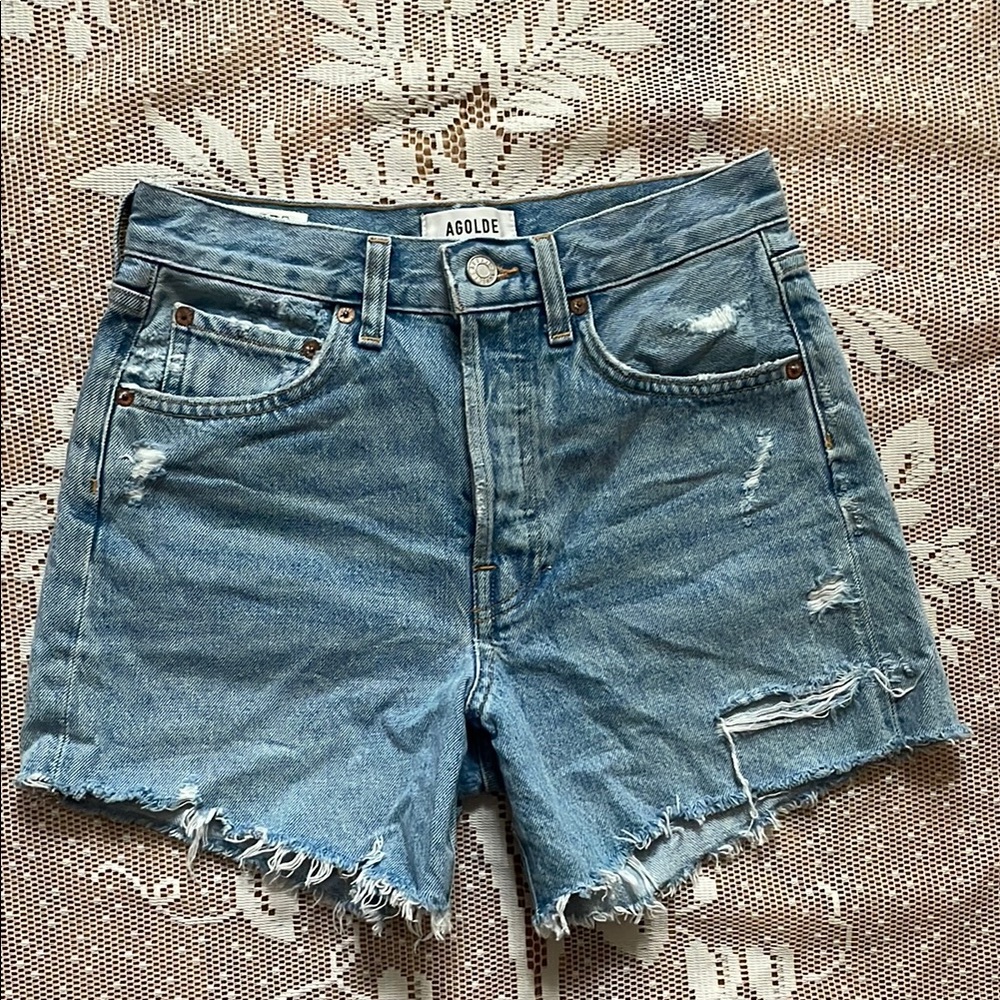 Agolde Blue Jean Shorts Distressed Cut-Off Style
